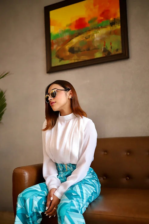 Kylie Power Coord Set With Abstract Blue Trousers